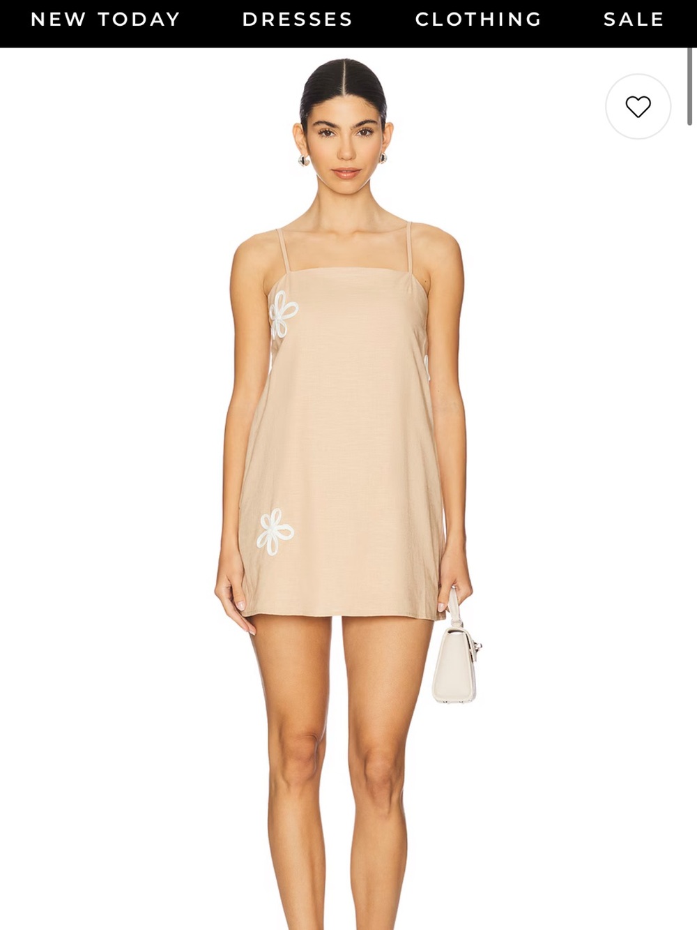 Beige Mini linen Dress with White Floral Detail